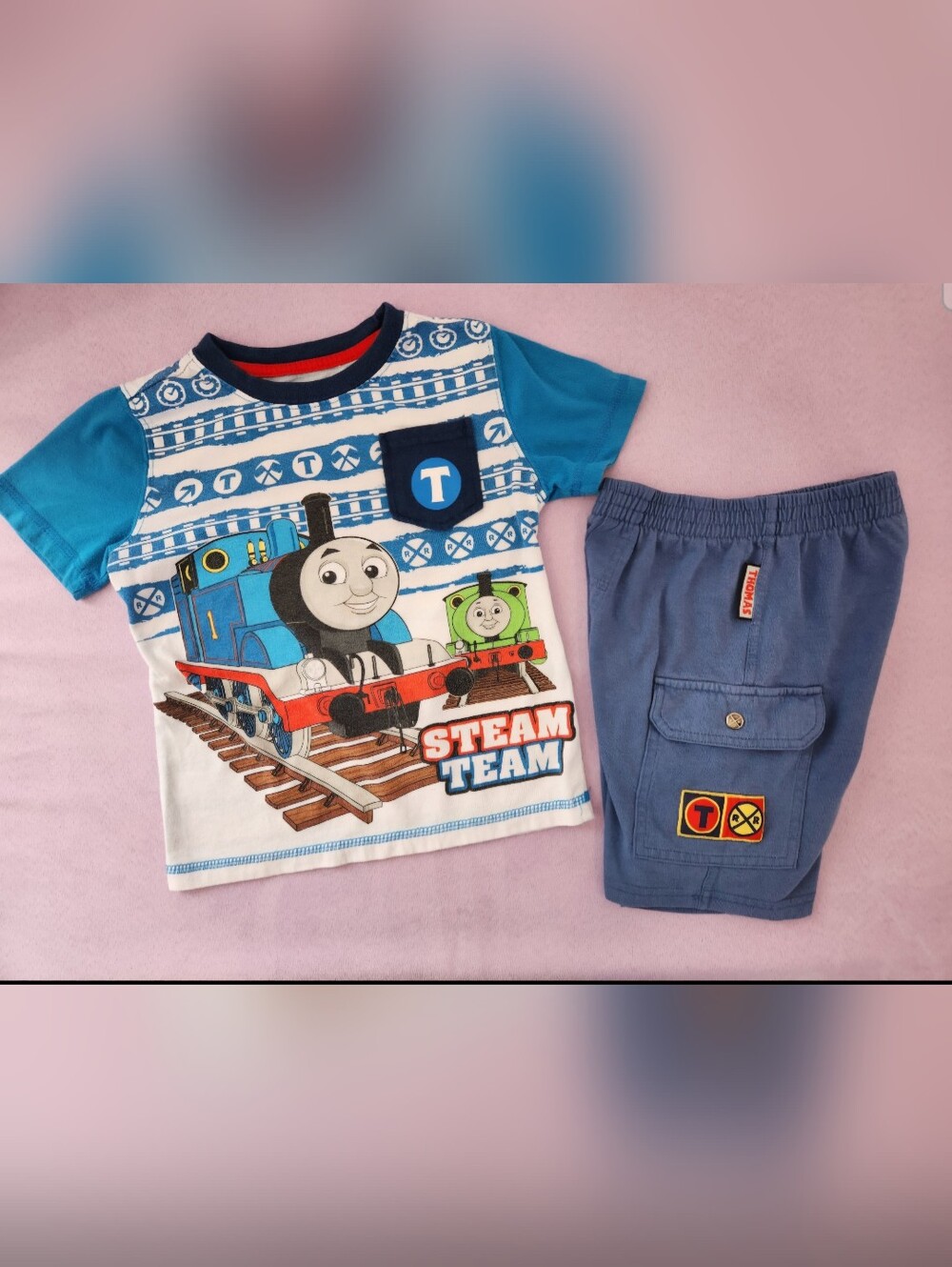 Y2K Thomas & Friends Steam Team T Shirt and Cargo Shorts 4T Set Thomas Percy